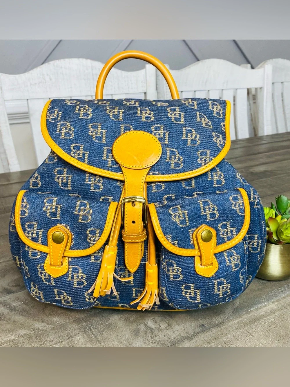 Vintage Dooney & Bourke Denim Monogram Backpack Purse DB Canvas Tan Leather Trim